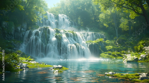 Fototapeta Naklejka Na Ścianę i Meble -  Jungle waterfall cascade in tropical rainforest with rock and turquoise blue pond.