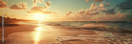 Amazingly colorful sea beach sunset with reflective red sand and bright clouds