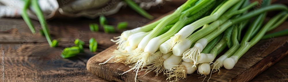 Fresh scallions bunch on a wooden cutting board with clean background Fresh scallions bunch on a wooden cutting board with clean background
