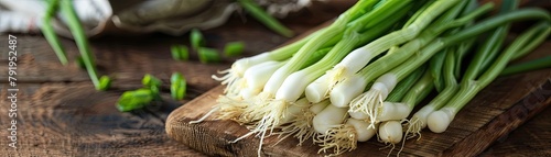 Fresh scallions bunch on a wooden cutting board with clean background