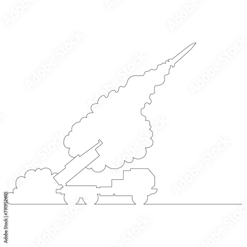 発射台から放たれたミサイルのイラストのシンプルな線画　ベクター