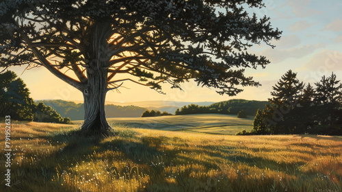A serene landscape featuring an Eastern Red Cedar tree silhouetted against the golden hues of a setting sun  casting long shadows across the lush meadow below 