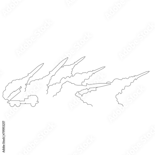 発射台から放たれたミサイルのイラストのシンプルな線画　ベクター