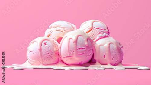 several pink scoops of ice cream covered with syrup spreading on a pink background, a hot weather treat