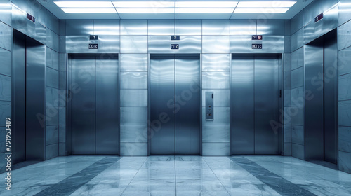 A metal elevator with closed doors in an office building.