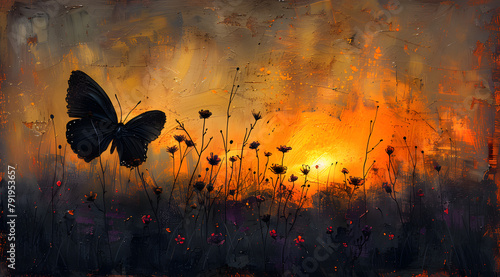 Serenity in Sunset Silhouettes: Artistic Oil Painting of Floral Silhouettes at Dusk © Thien Vu