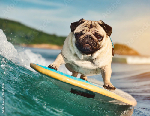 Close up of a dog surfing on board, surfer dog.  © Bill