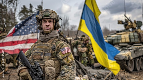 A military person in camouflage uniform standing before US and Ukrainian flags