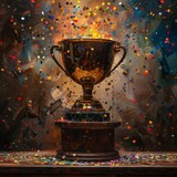 Trophy cup with confetti on a dark background