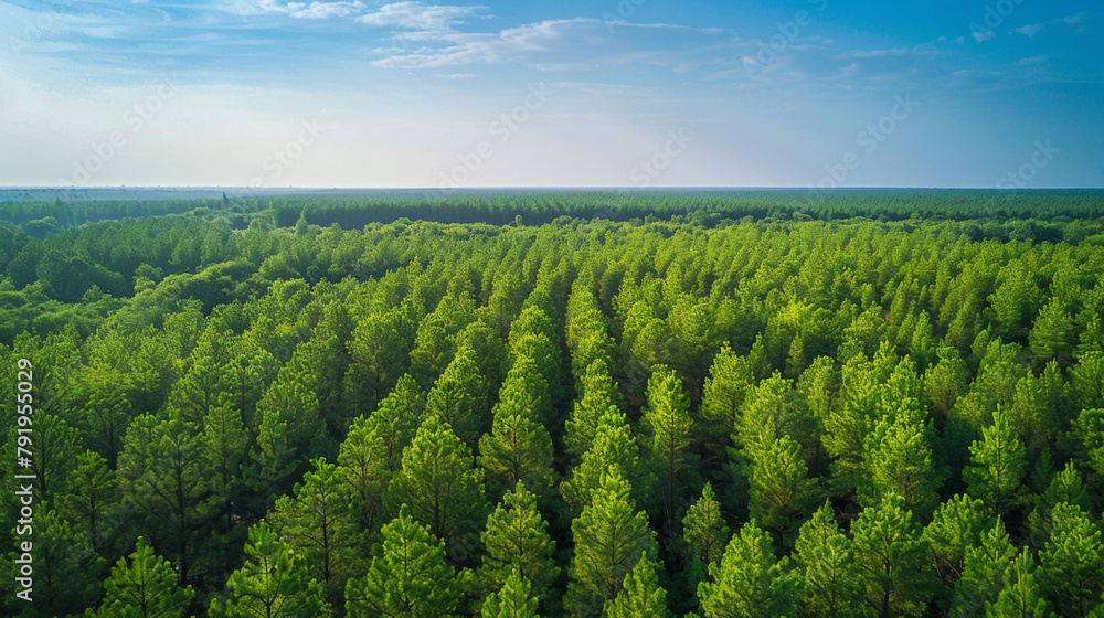 the vast expanse of an Eastern Red Cedar grove stretching as far as the eye can see, with rows of towering trees creating a lush green canopy against the backdrop of a clear blue sky.
