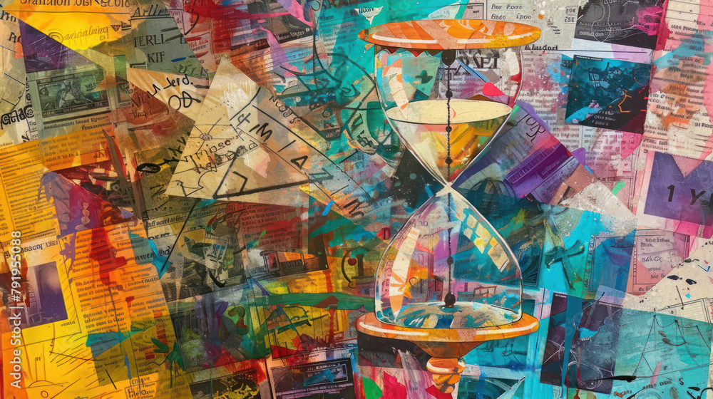 Hourglass on a vibrant backdrop featuring a patchwork of newspaper clippings and doodles. Textured and torn effects add a unique touch.