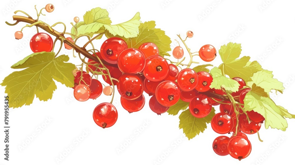 A cluster of juicy currants vibrant red berries dangling from a verdant branch perfect for vegetarian and vegan recipes This cartoon 2d icon stands out against a white background ideal for  - obrazy, fototapety, plakaty 