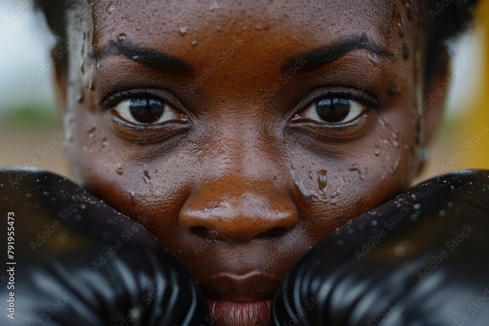 Athletic African American woman wearing boxing gloves looks confidently at the camera close-up. Athletic African American woman wearing boxing gloves looks confidently at the camera close-up.