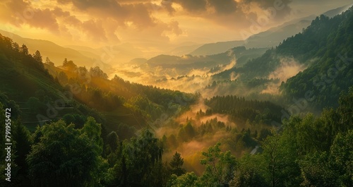 Serene mountain landscape at sunrise, with mist over the valleys