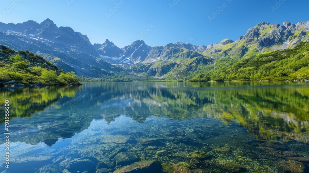 Scenic view of a tranquil lake surrounded by mountains, reflecting the clear blue sky above