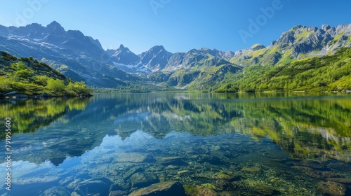 Scenic view of a tranquil lake surrounded by mountains, reflecting the clear blue sky above