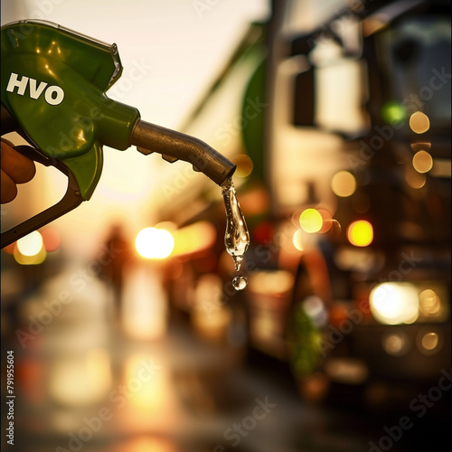 Hand holding green fuelpump that says HVO on top with a clear and translucent drop of fuel falling out © AlazySM