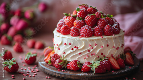 Tasty white strawberry cake on table in studio