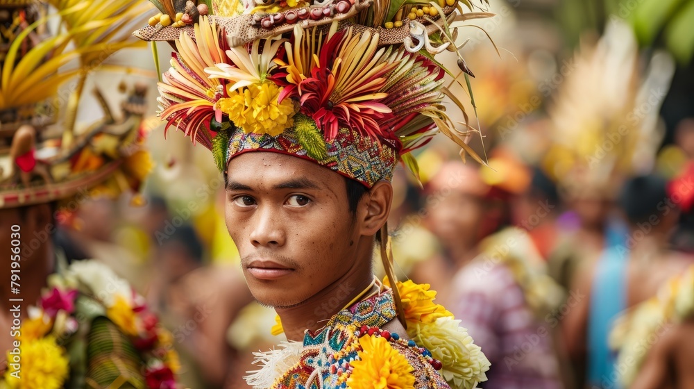 Fototapeta premium Man adorned in traditional attire during a Balinese cultural event.