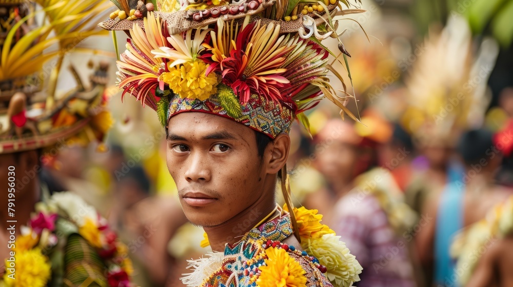 Man adorned in traditional attire during a Balinese cultural event.