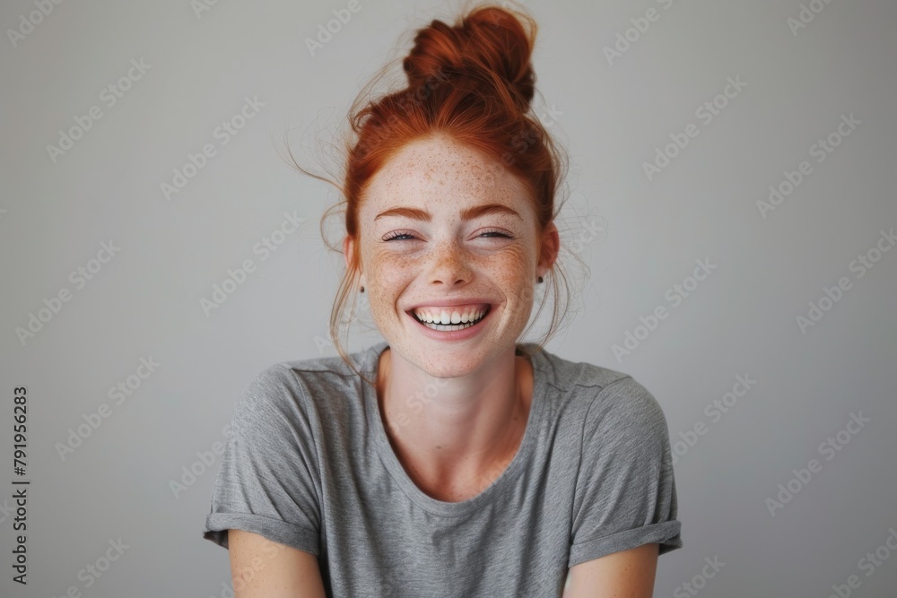 A redhead woman with freckles laughing on a grey background, her hair loose and delightful expression A redhead woman with freckles laughing on a grey background, her hair loose and delightful expression