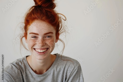 Smiling redhead with freckles, hair tied up, on a plain background, looking at the camera photo