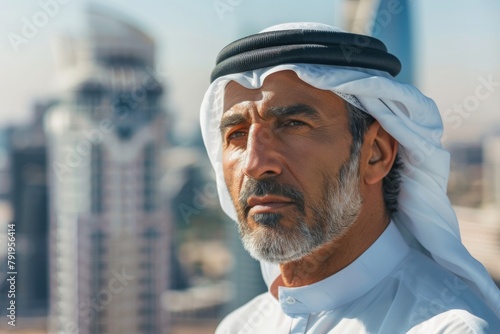 An elegant Arab man wears a white Keffiyeh and agal with a modern city backdrop, blending tradition with contemporary settings photo