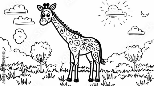 Animals (simple outlines): A coloring book page featuring a smiling giraffe outline photo