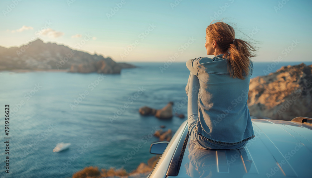 Solitude at sunset: Alone Woman person sits on a van roof, gazing at serene rocky coastal scenery. Tranquil moment, travel adventure, scenic beauty and traveling concept.