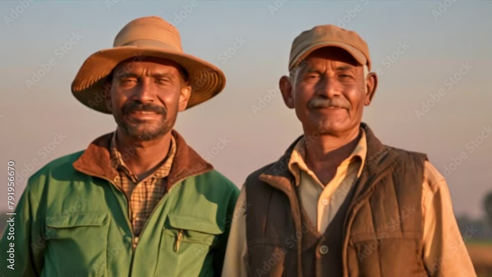 Two confident Indian farmers,Two farmer friends smiling looking at camera at beautiful field Two confident Indian farmers,Two farmer friends smiling looking at camera at beautiful field