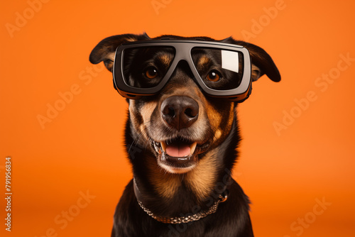Portrait of a happy dog wearing black futuristic glasses on an orange background, in a studio shot.