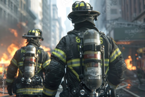 Firefighters wearing black and yellow suits with oxygen tanks, standing in a street filled with flames. photo