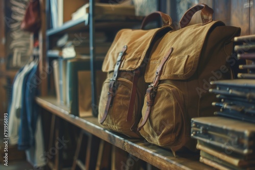Classically styled canvas backpacks in an earthy palette are showcased in a vintage store setting photo