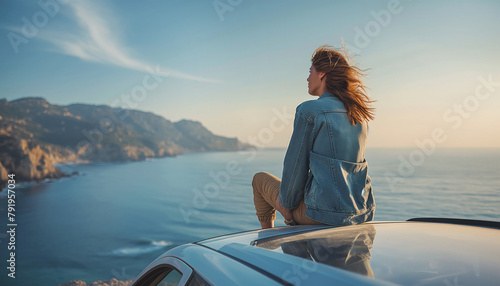 Solitude at sunset: Alone Woman person sits on a van roof, gazing at serene rocky coastal scenery. Tranquil moment, travel adventure, scenic beauty and traveling concept.