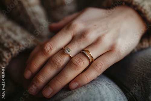A gentle, intimate shot of a couple's hands adorned with wedding rings, symbolizing their commitment photo