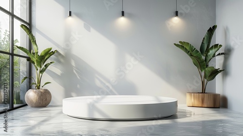 Stylish minimalistic podium for product presentation in a room with two tropical plants