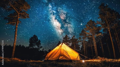 The tent is under a starry night sky. photo