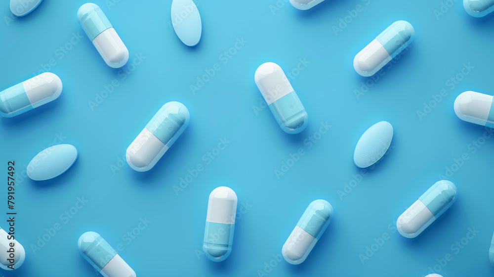 Blue and white capsule pills on blue background. Pharmaceutics background. Pharmaceutical industry. Dose of medicine for treating illness. Healthcare and medicine. Medical care