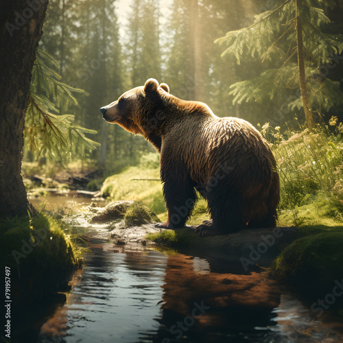 Big brown bear walking around nature in the morning light. Dangerous animal in nature forest and meadow habitat. Wildlife scene.