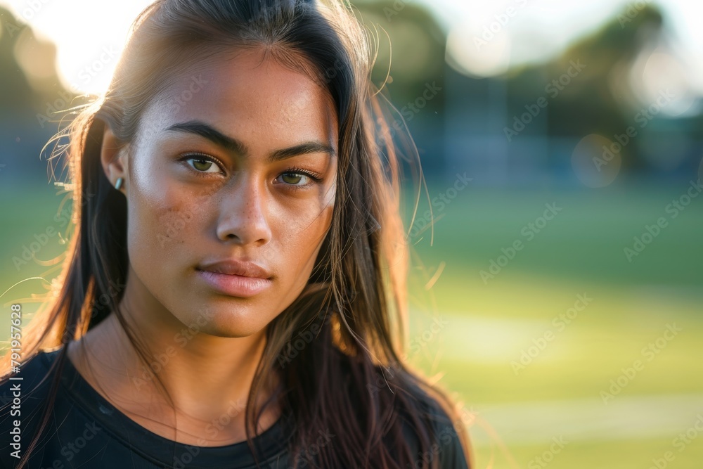 A young female athlete gazes into the distance during golden hour on a sports field A young female athlete gazes into the distance during golden hour on a sports field