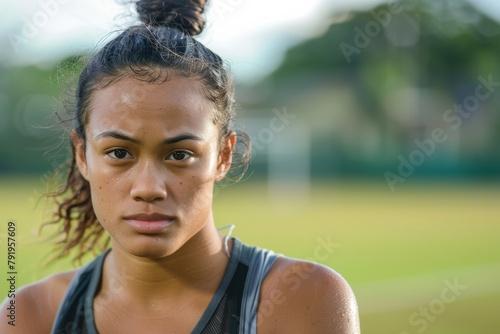 Portrait of a serious young female athlete reflecting on her training in an outdoor setting