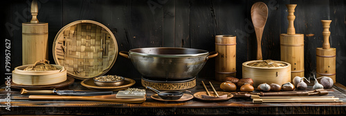Oriental Kitchen Tools: The Essence of Qi Culinary Art Featuring Wok, Bamboo Steamers, Cleavers and More