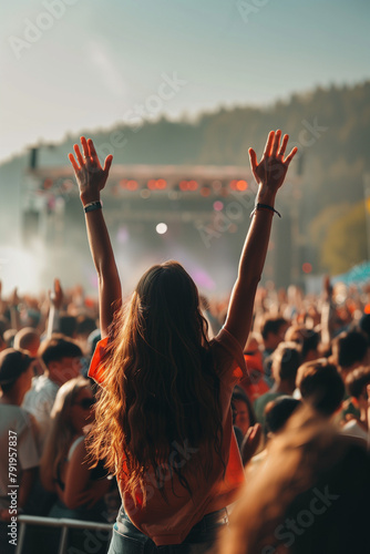 crowd at the concert summer music festival. Back view of a young woman with hands in the air. High quality photo