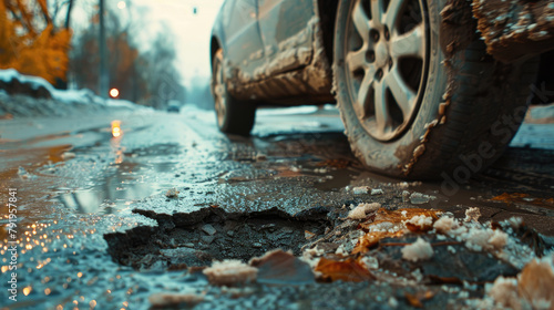 Close up of potholes holes on the road, broken tarmac, bad roads concept with the cars driving.