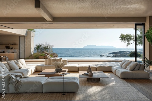 Examine the smooth transition between a beach house's large outdoor deck and its contemporary, cozy living room. © Hafeez