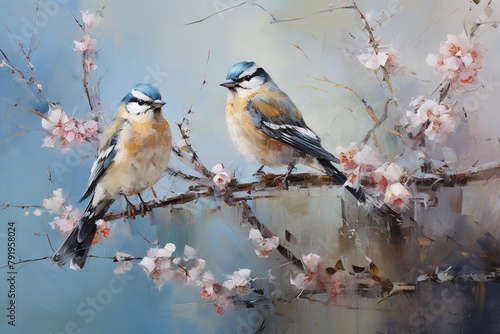 hyper-realistic portrait of two birds perched on a branch - Generative AI