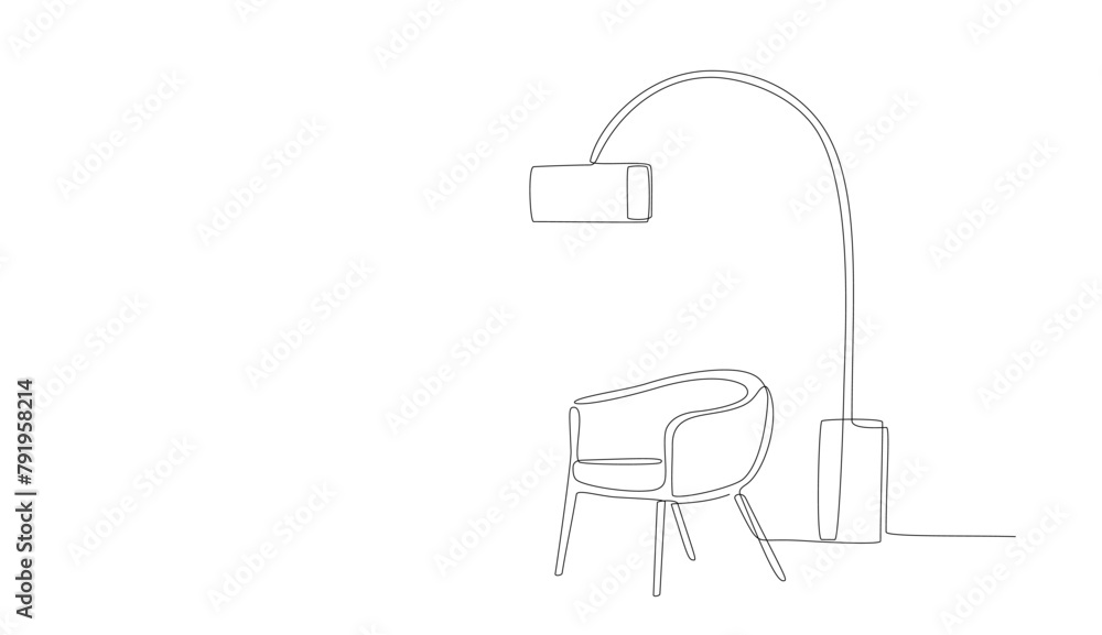 Continuous line drawing of armchair and lamp. One line of interior ...