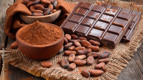 Image of cacao powder, chocolate bars and cocoa beans on wooden table. natural product photo for the magazine © pvl0707