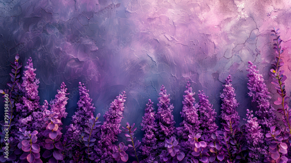 Fototapeta premium Delicate violet floral ornament of lavender flowers spread out on roughly plastered and painted surface. Vintage purple lilac abstract design background. Flat lay, mock up, copy space.