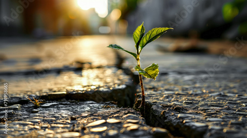 One young sprout breaks through hard surface of asphalt, tearing it, forming crack. Symbol strength and determination. Life persistently breaks out, making its way to light, peace and opportunities.